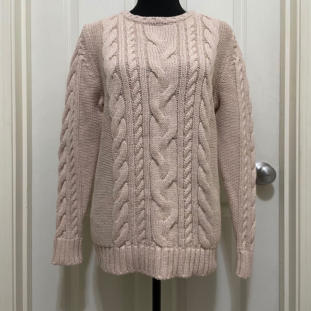 LL Bean Cable Knit Sweater 100% Cotton Pink‎ Beige Large Preppy Cottagecore